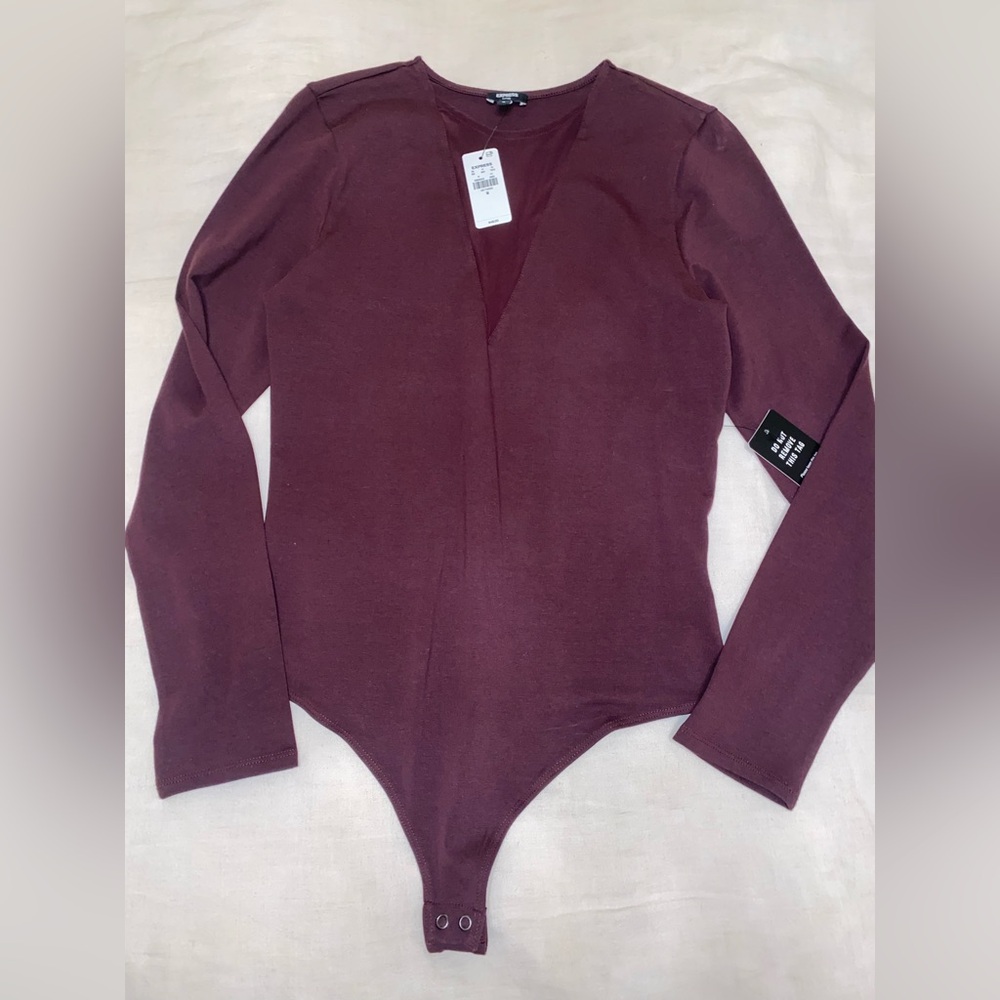 Burgundy long sleeve bodysuit with mesh detailing from express with tags